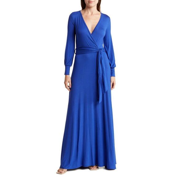 Go Couture Wrap Dress Long Sleeve Surplice Maxi Royal Blue NWT Small - Picture 1 of 8